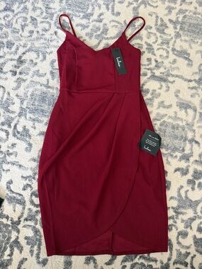 NWT! Lulu's Wine-Red Spaghetti-Strap Faux Wrap Mini Dress